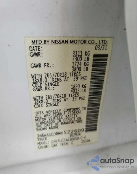 2021 Nissan Titan Sv из США, поврежденный, VIN 1N6AA1ED8MN522609